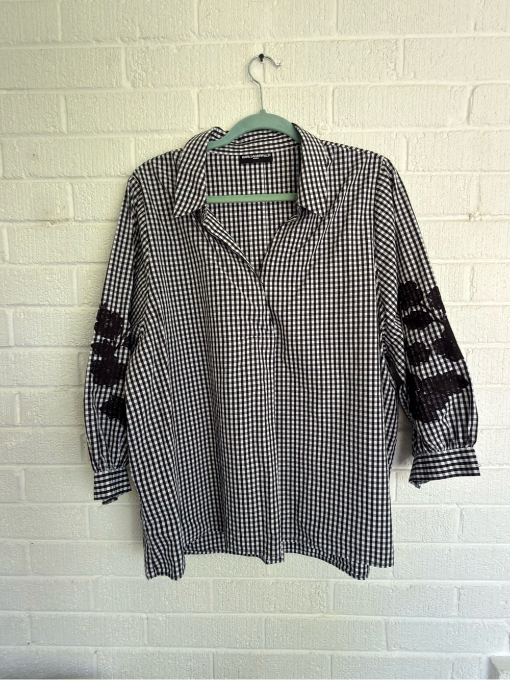 Karl Lagerfeld Black and White Gingham Button-Down Top with Embroidered Sleeves